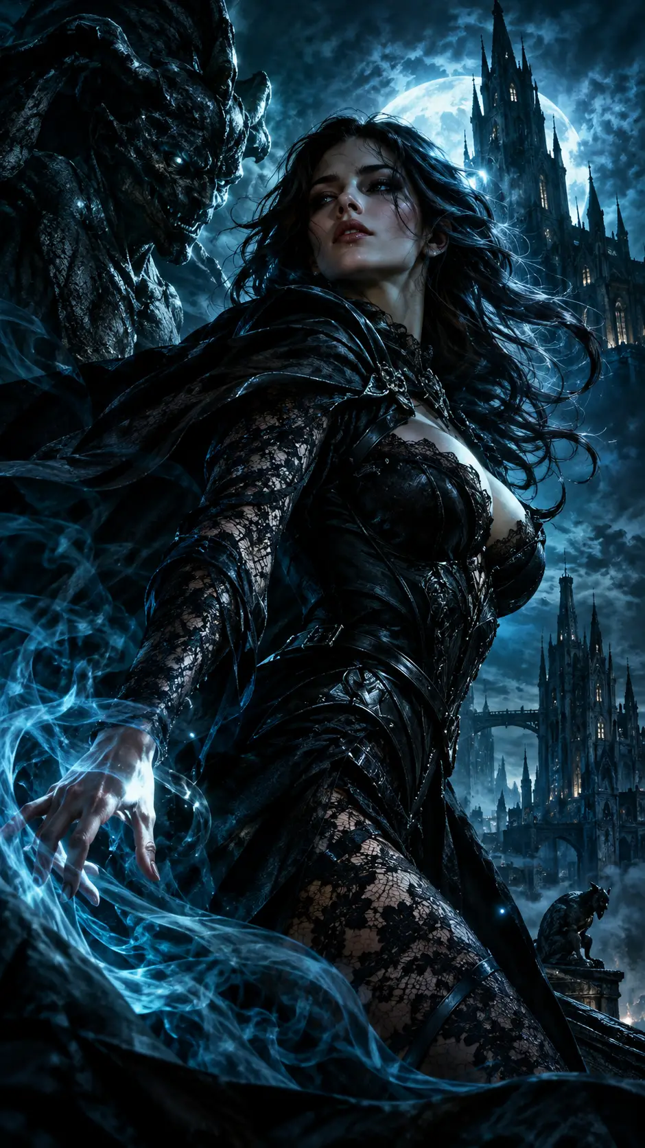 Una copertina di un libro fantasy dark con fumo vorticoso e illuminazione chiaroscurale