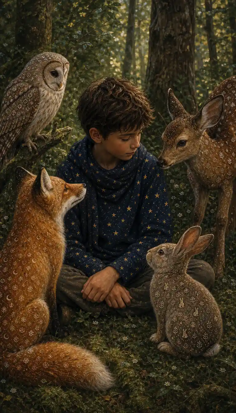 Un ragazzo siede tranquillo tra gli animali della foresta riuniti intorno a lui