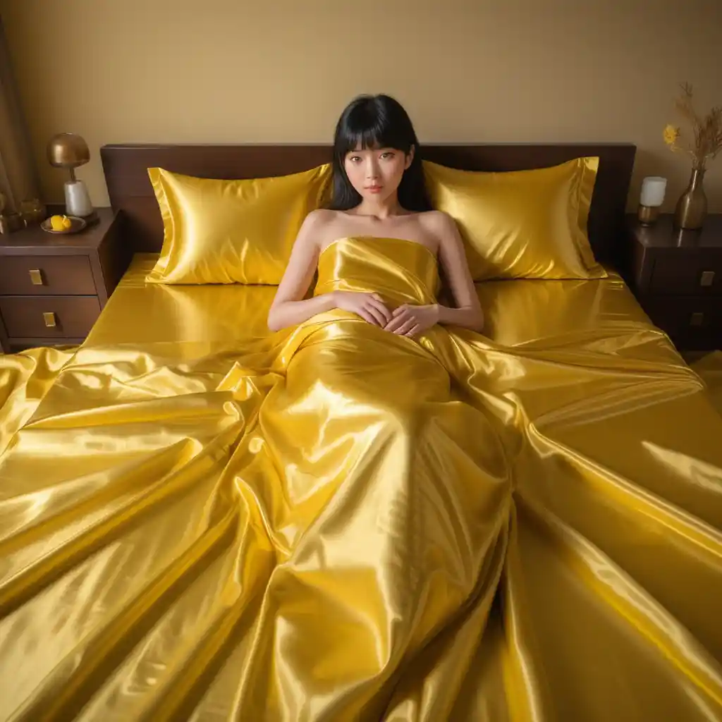 A Japanese woman lies beneath glossy satin bed covers