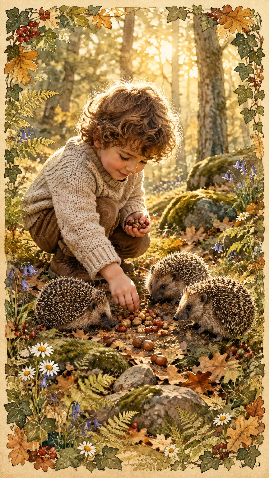 A child feeds curious hedgehogs in a sunlit autumn woodland glade