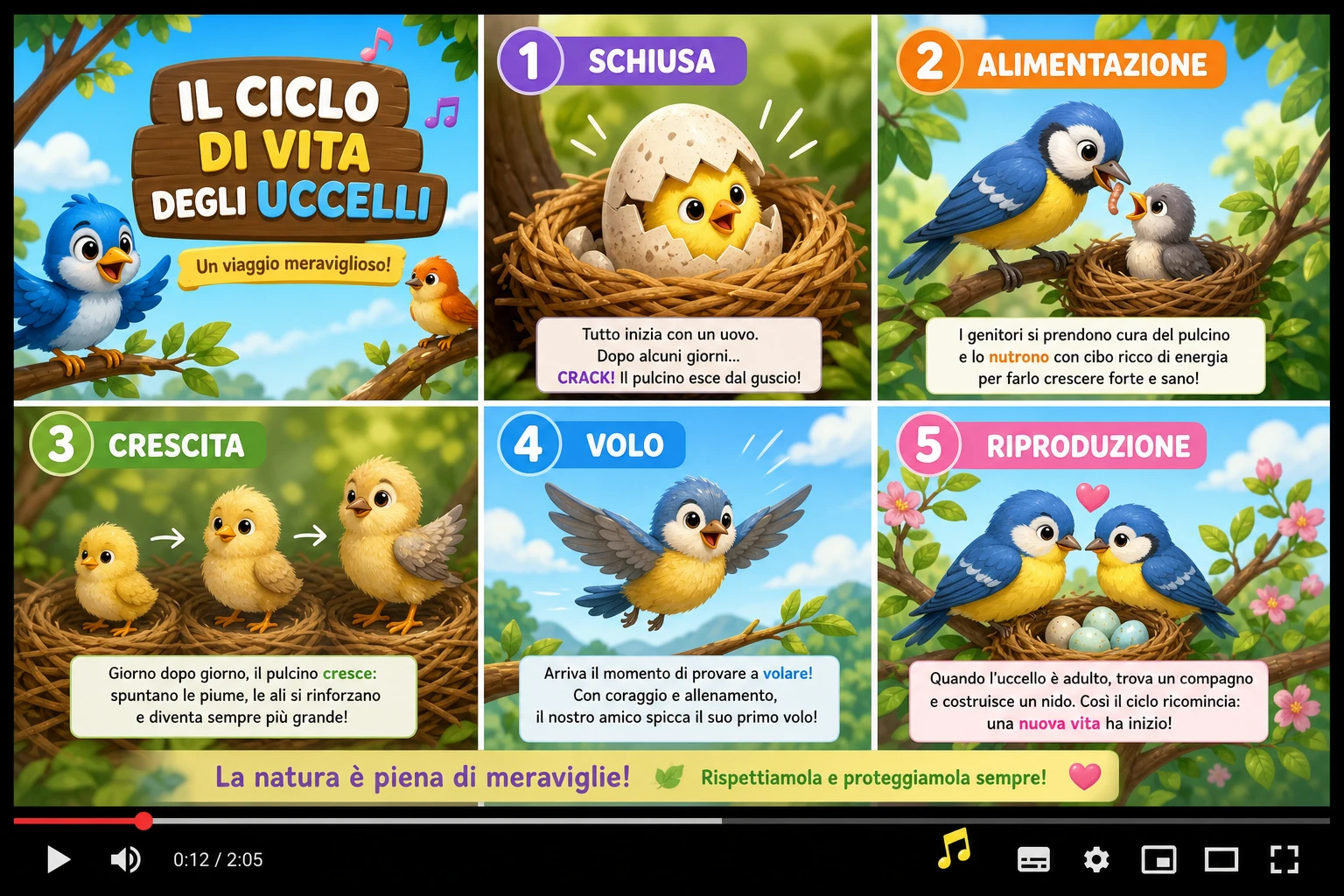 Una guida colorata al ciclo di vita degli uccelli, dalla schiusa alla riproduzione