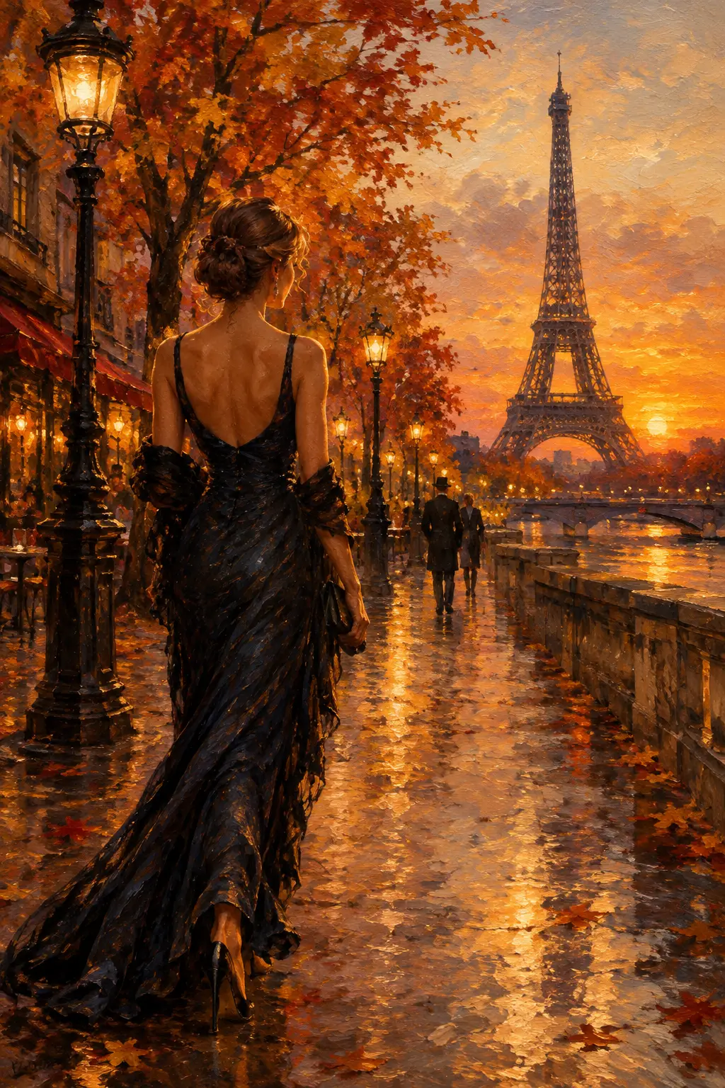 Una donna in abito da sera cammina verso la Torre Eiffel al crepuscolo