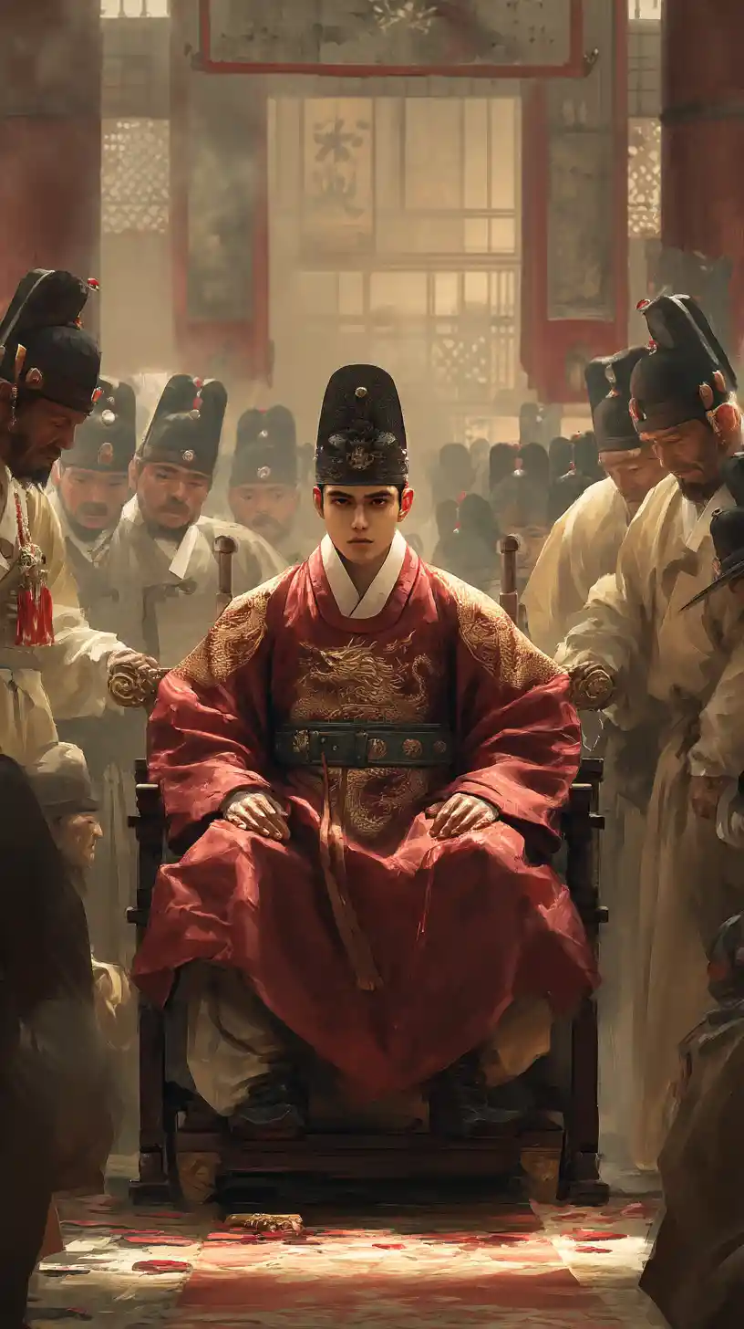 A young Joseon king sits on his throne as dignitaries bow