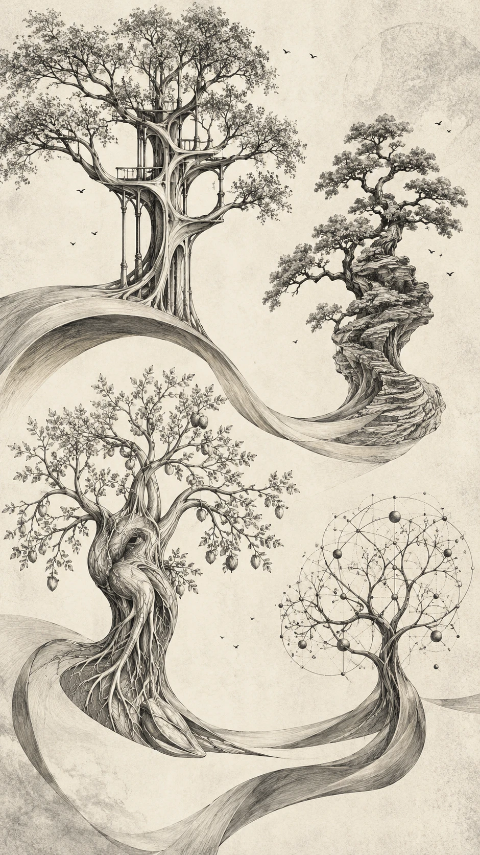 Un frutteto impossibile, con alberi che si innalzano da ampie curve nello spazio