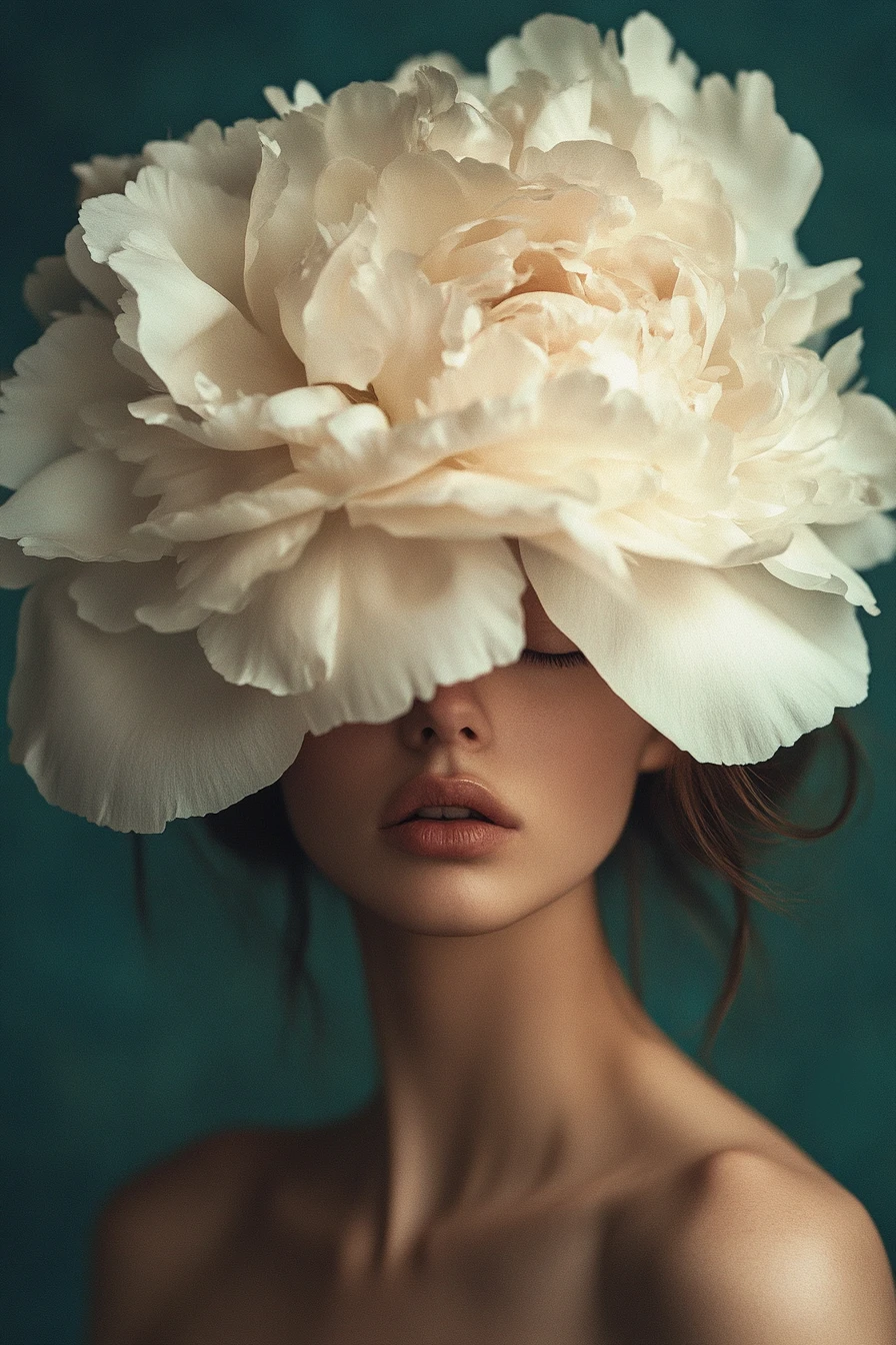 A fashion portrait with an ivory peony hat concealing the eyes