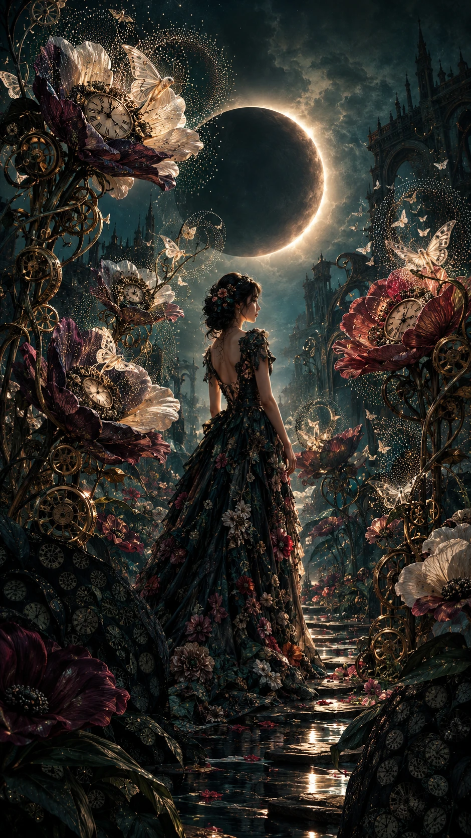 A woman stands in a surreal garden of flowers and clockwork