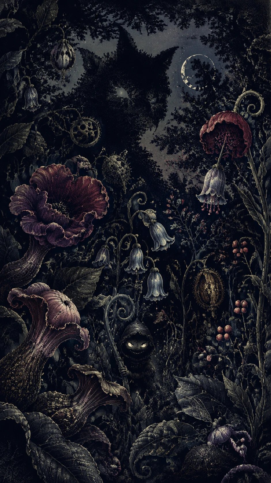 An abandoned garden of curled flowers beneath a fragmented moon