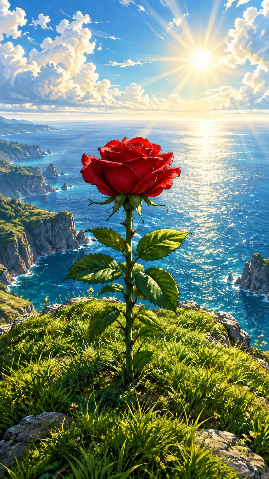 A red rose stands on a grassy cliff above the sparkling sea