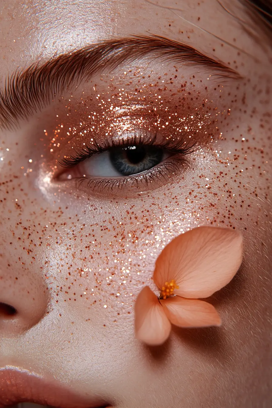 A closed eyelid with copper glitter and a peach flower accent
