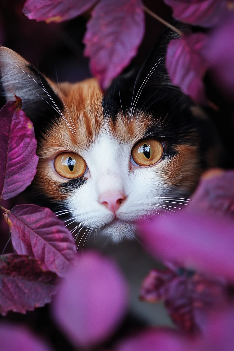 Una gatta tricolore sbircia tra le foglie viola d'autunno, mostrando una zampa