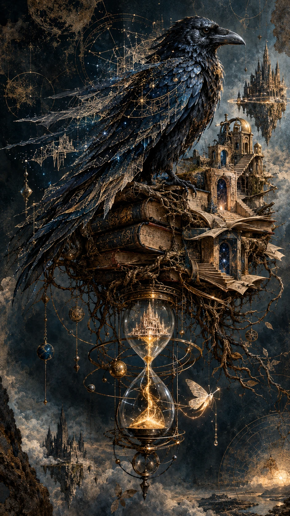 An obsidian raven perches on a floating archive of weathered books