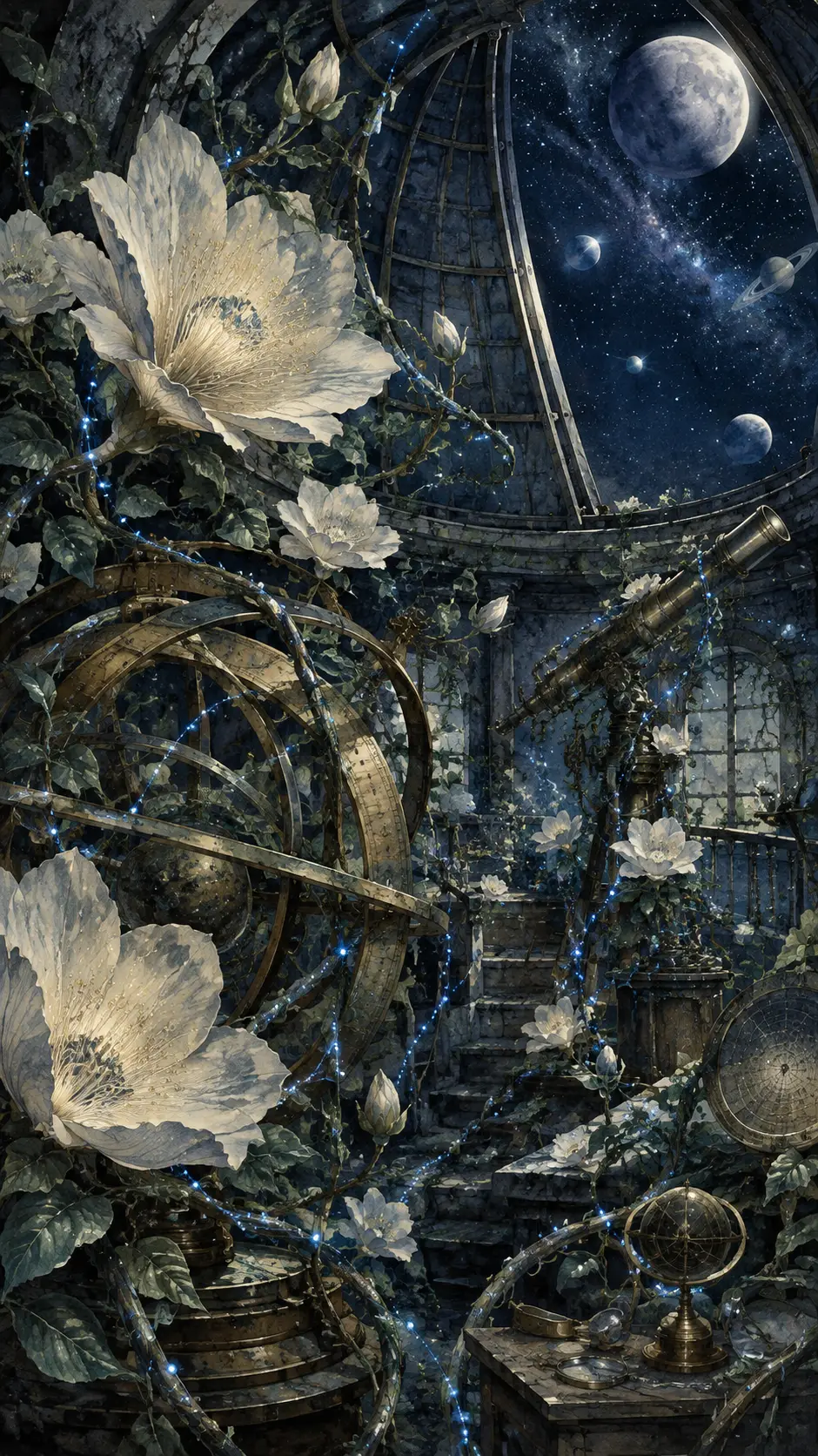 Pale Flowers Transform a Forgotten Observatory into a Moonlit Garden