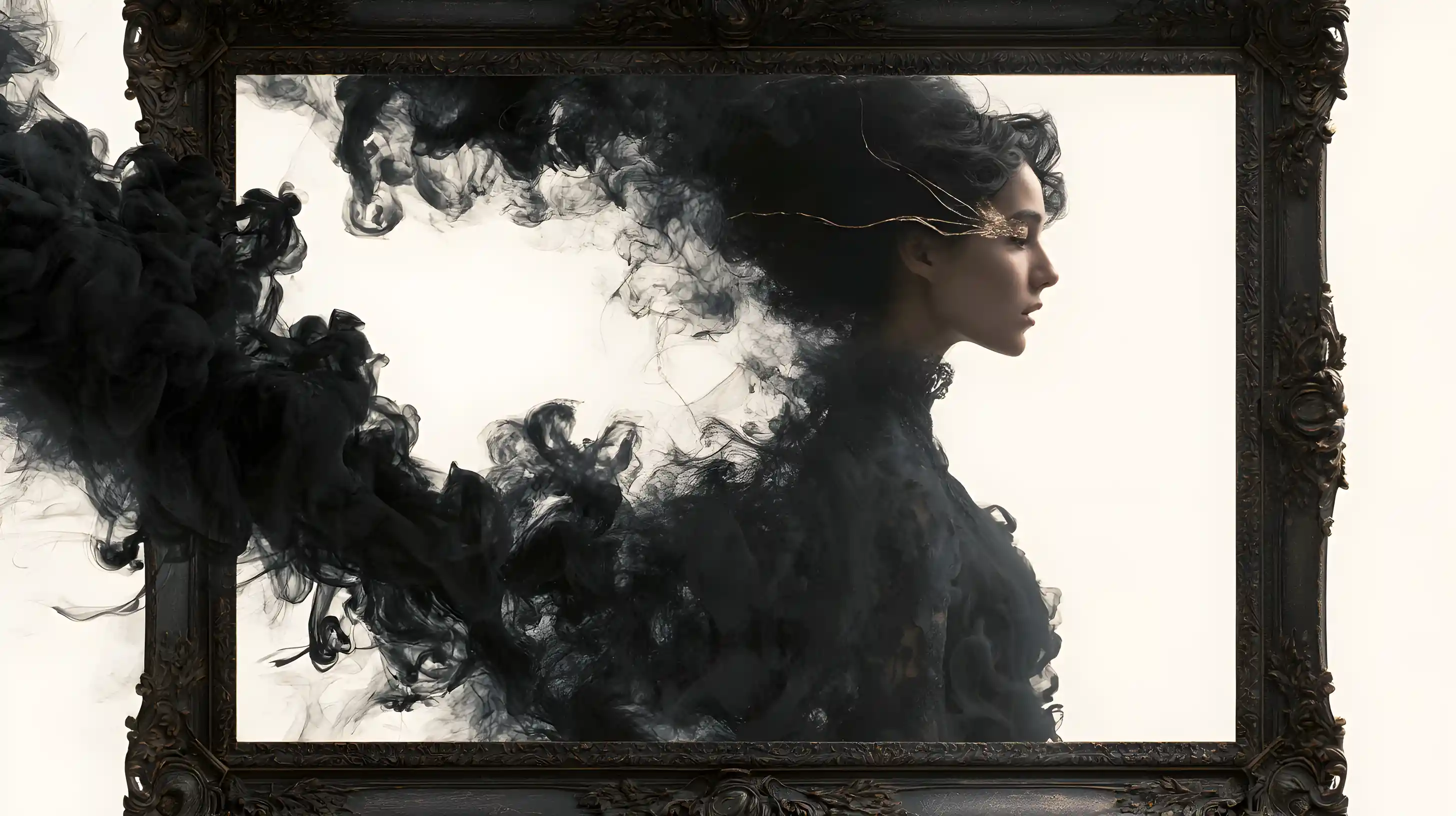 A gothic woman's profile framed by baroque ornament and escaping ink smoke