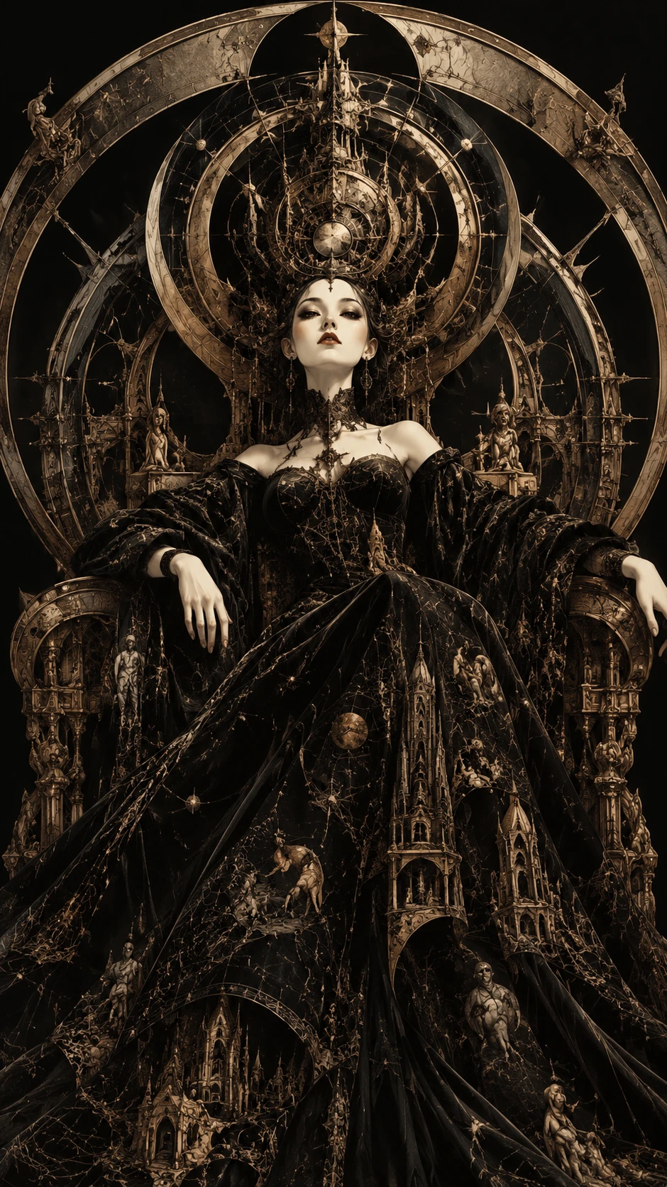 A miniature woman sits on a vast throne of celestial geometry