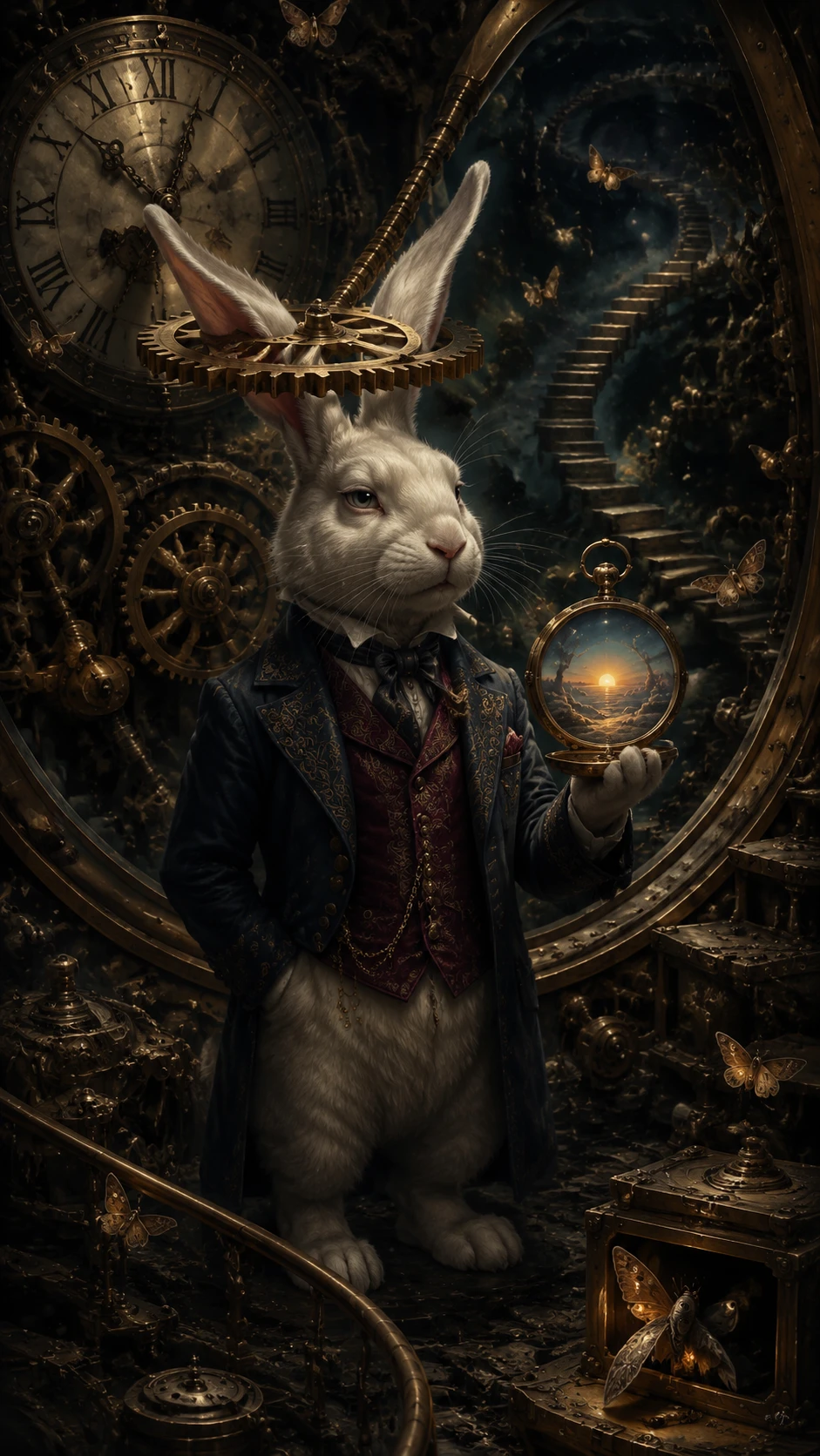 A rabbit in a blue waistcoat stands among gears inside an antique clock