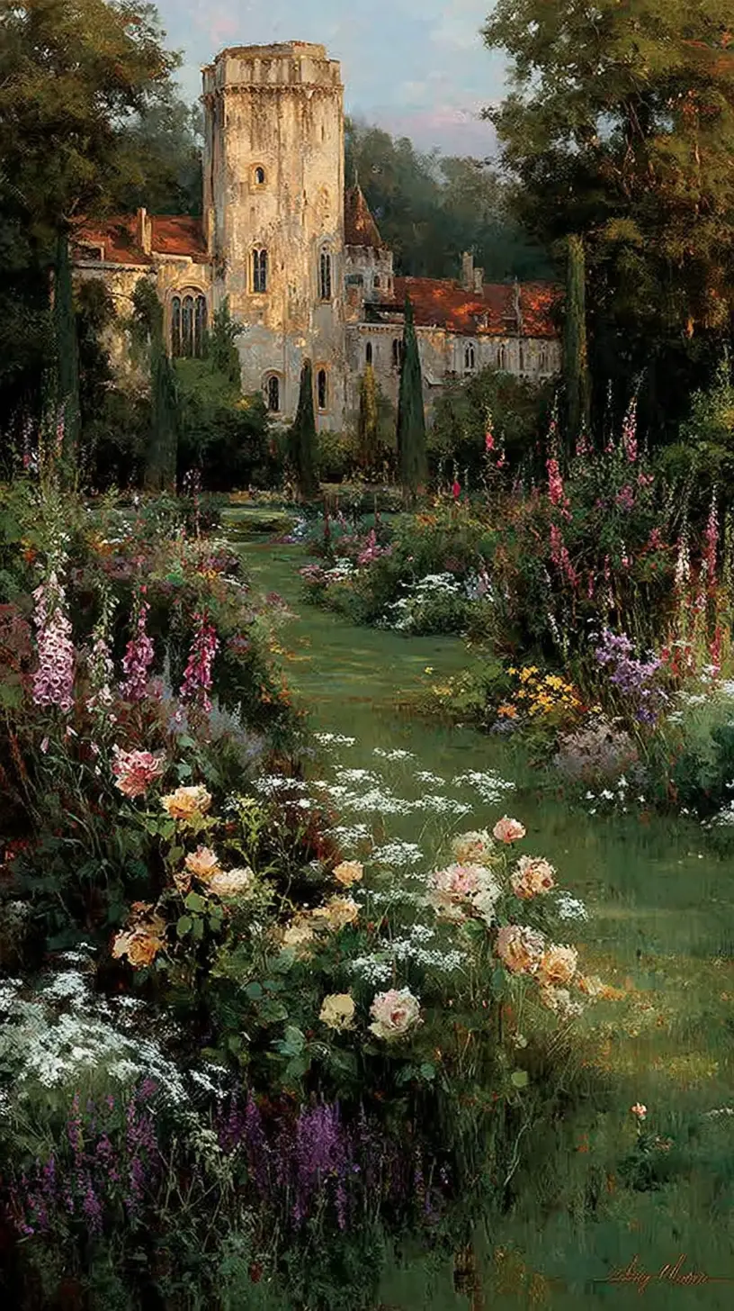 Wildflowers glow beneath a fairytale castle in the evening sunlight