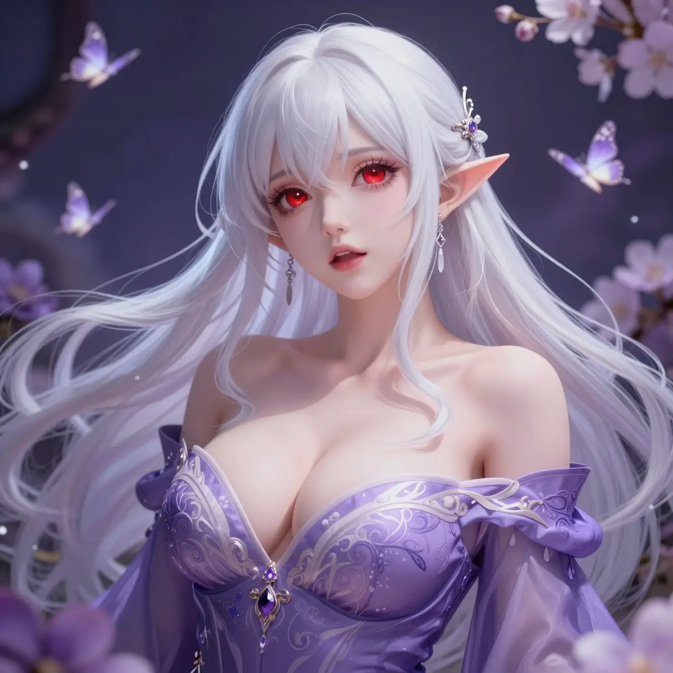Uma mulher de anime com longos cabelos brancos diante de uma paisagem fantástica surreal