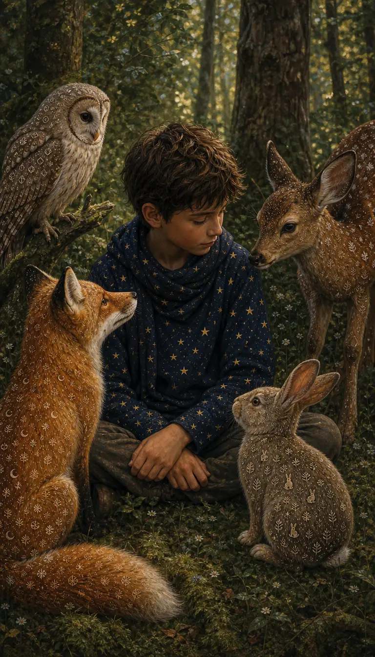 Un ragazzo siede tranquillo tra gli animali della foresta riuniti intorno a lui