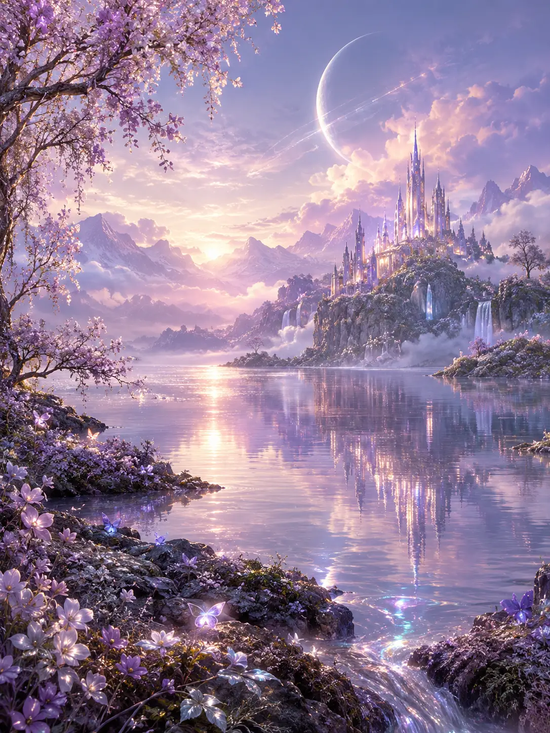 A serene dreamscape of iridescent florals in bioluminescent lilac light
