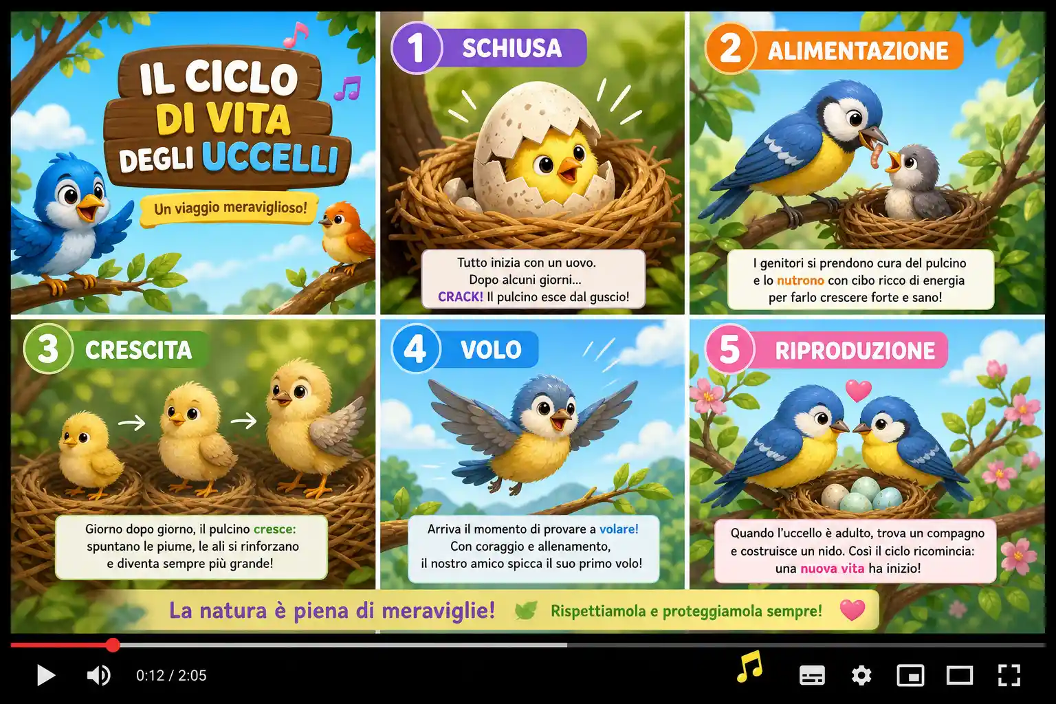 Una guida colorata al ciclo di vita degli uccelli, dalla schiusa alla riproduzione