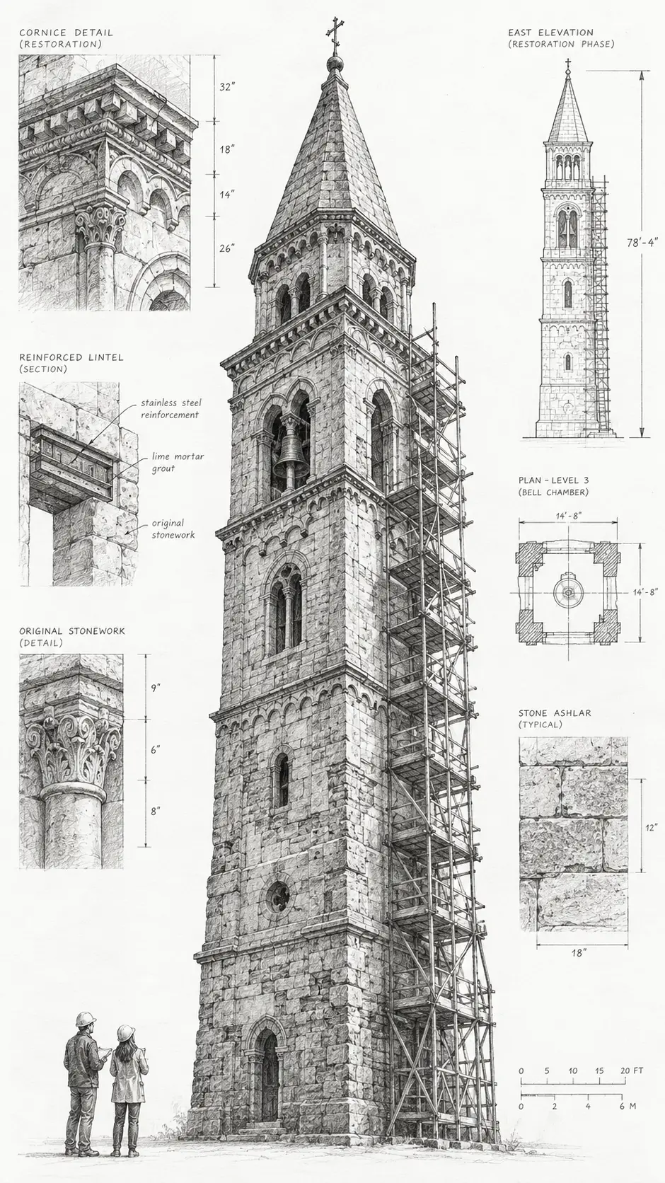 Un campanile in pietra sottoposto a un accurato restauro in uno schizzo architettonico