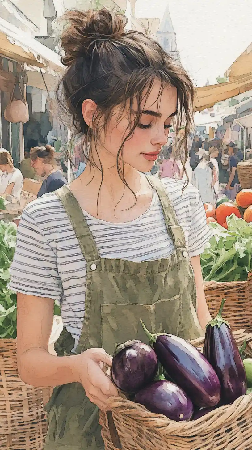 Una giovane donna compra melanzane in un vivace mercato all'aperto