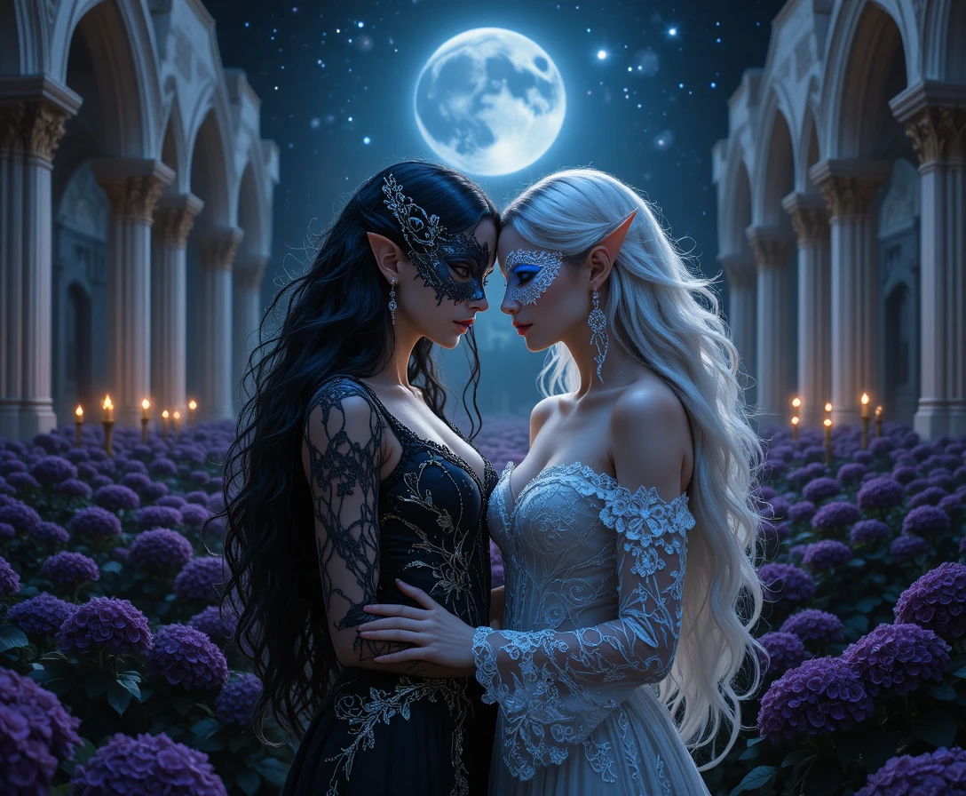 Elven Women Embrace Beneath a Glowing Moon in a Gothic Garden