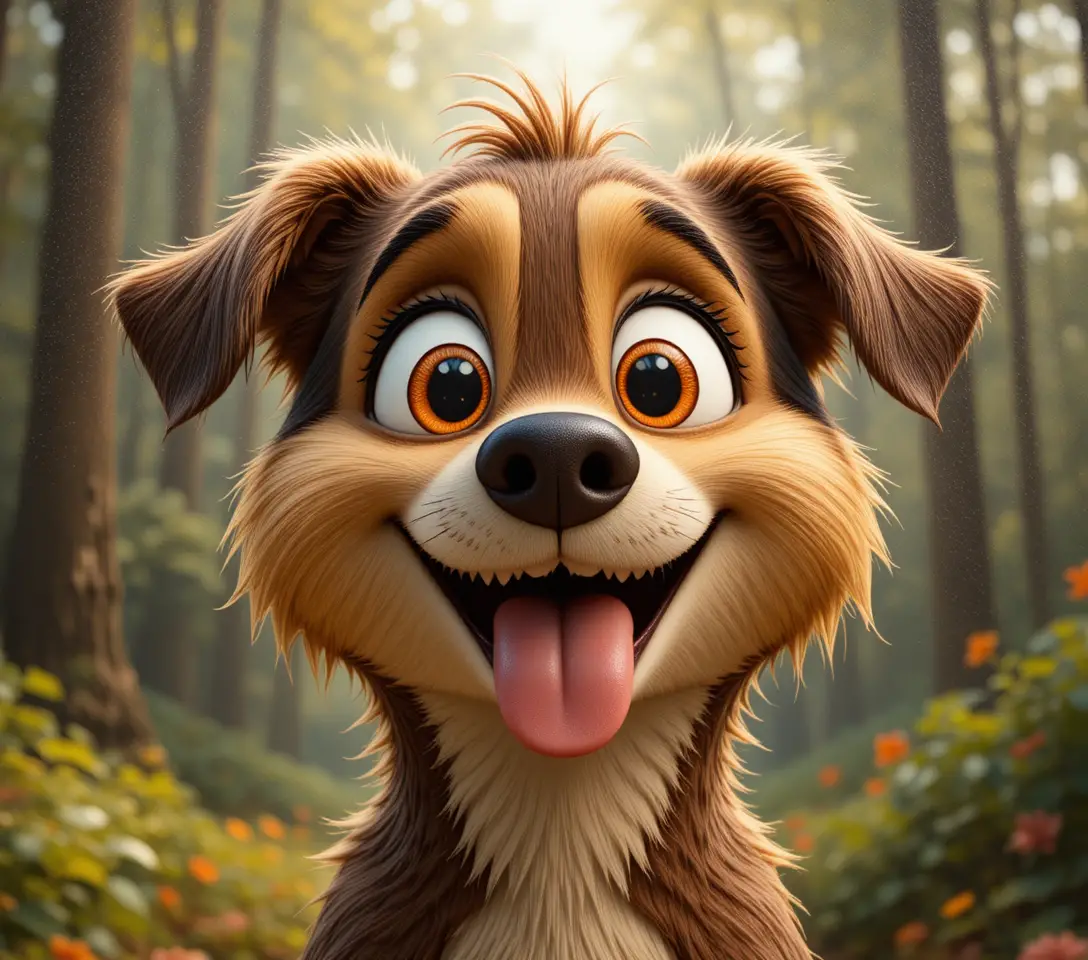 Alegre retrato de un perro de dibujos animados con ojos ámbar y una sonrisa traviesa
