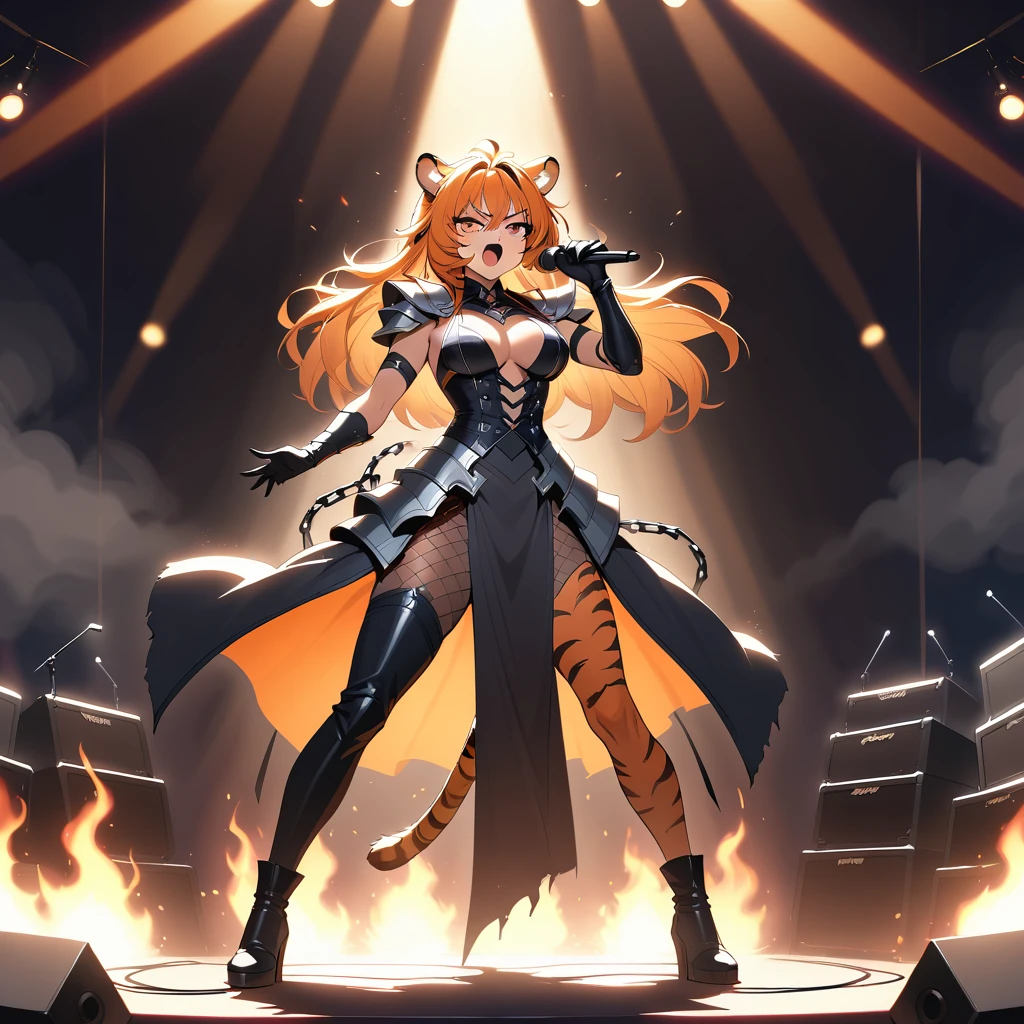 A tiger woman sings at center stage during a fiery rock concert