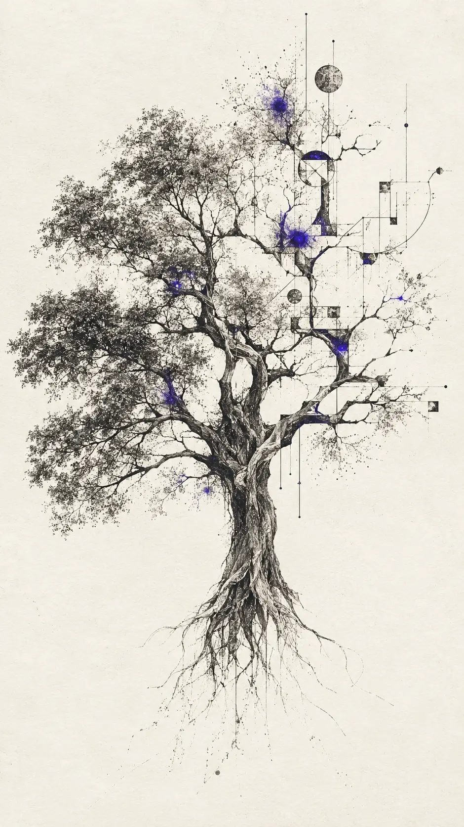 Un albero antico unisce forme botaniche e percorsi geometrici astratti
