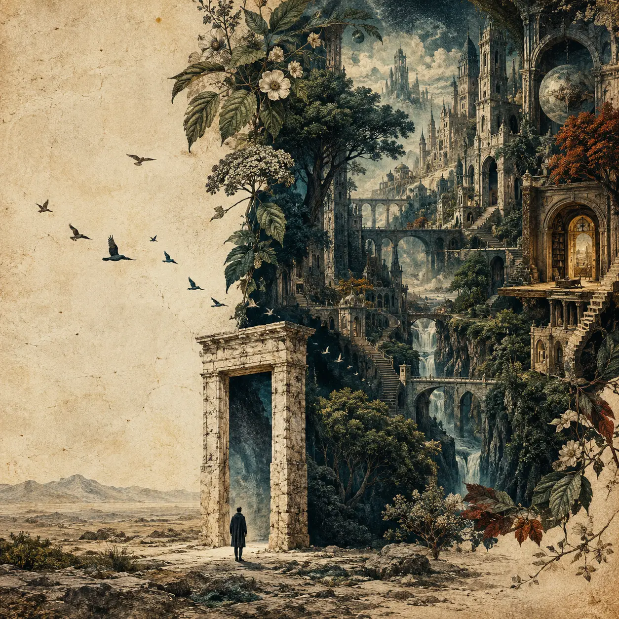 An ancient stone doorway reveals a hidden city within its shadow