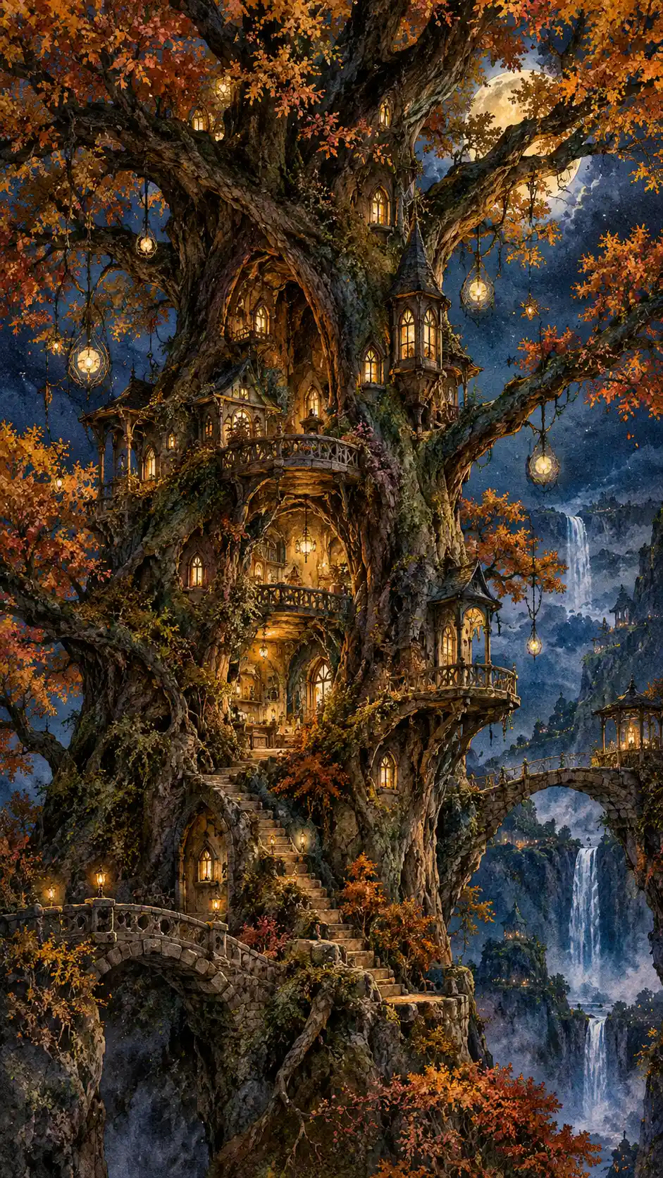Un'antica casa sull'albero brilla sotto una chioma illuminata dalla luna