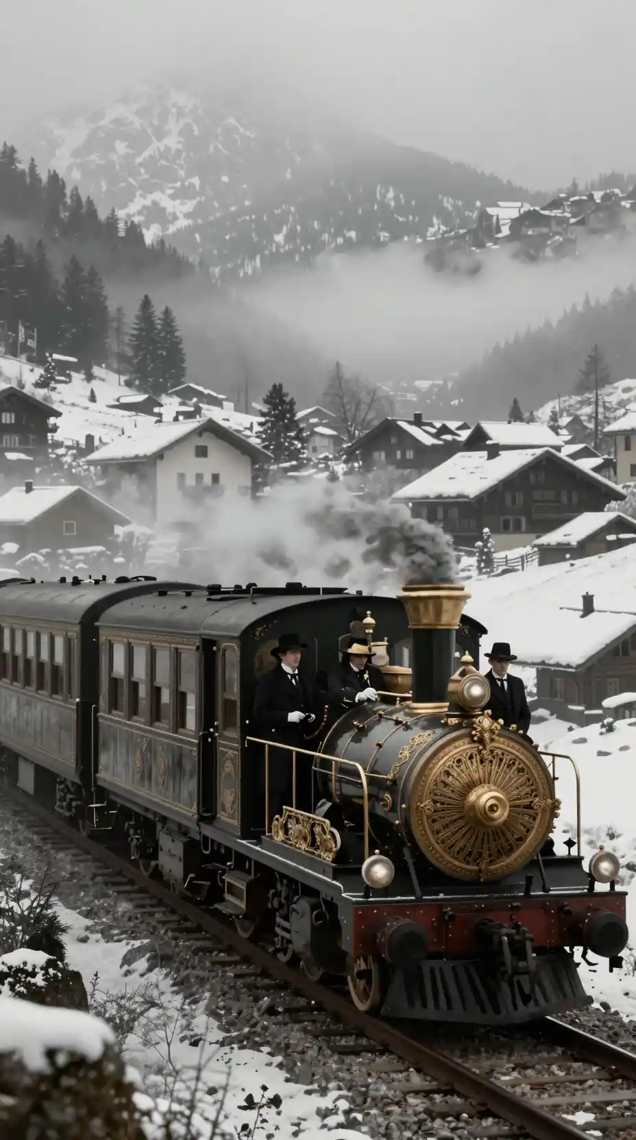 Un treno d'epoca attraversa un paesaggio europeo avvolto nella nebbia