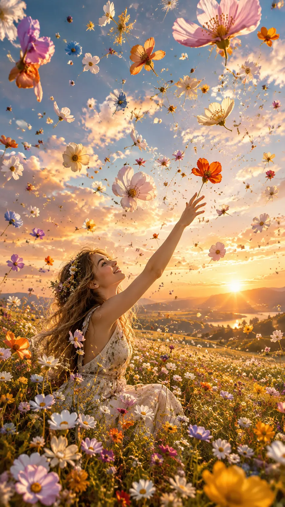 Una joven extiende la mano hacia las flores que flotan sobre un prado al amanecer