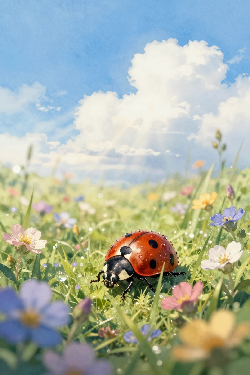 A Ladybug Among Dewy Wildflowers Beneath a Bright Blue Sky