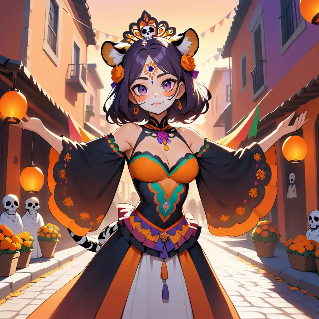 A tiger woman stands proudly in a Mexican plaza at sunset