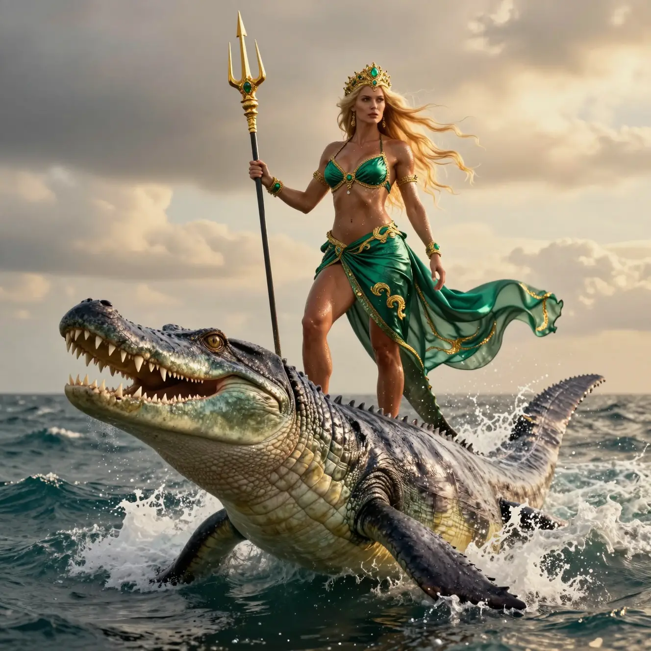 A sea queen stands above a prehistoric reptile amid ocean waves
