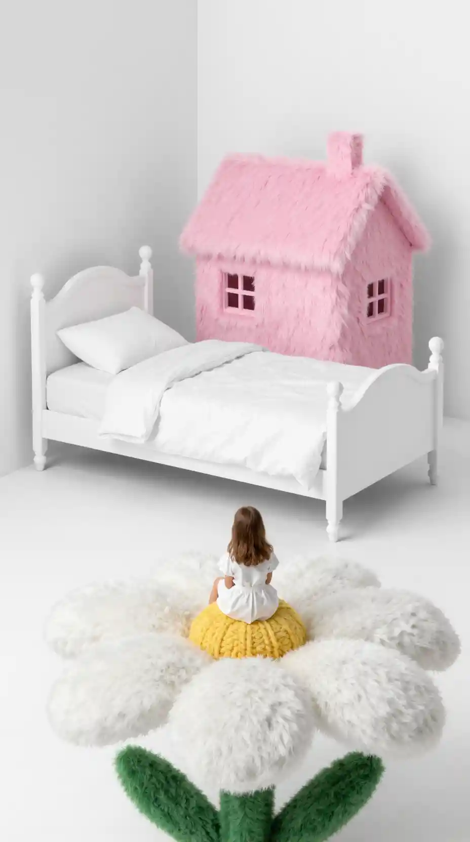A tiny girl sits on a large flower against a white background