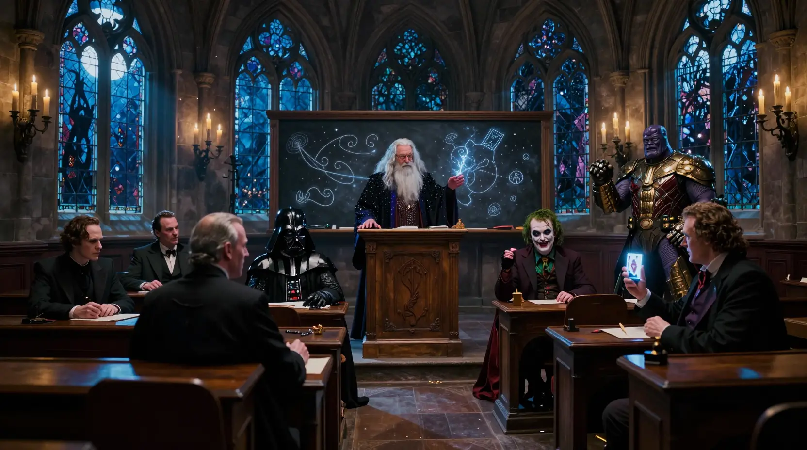 Dumbledore Casts Glowing Runes Inside A Gothic Classroom