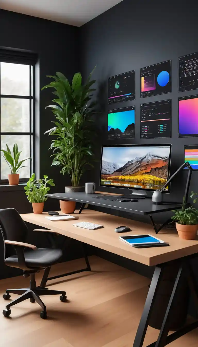 A modern web designer's workspace with a curved ultrawide monitor