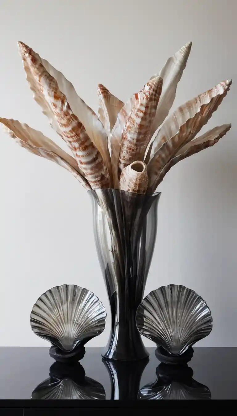 Sculture giganti di conchiglie in metallo poggiano in una ciotola di vetro trasparente