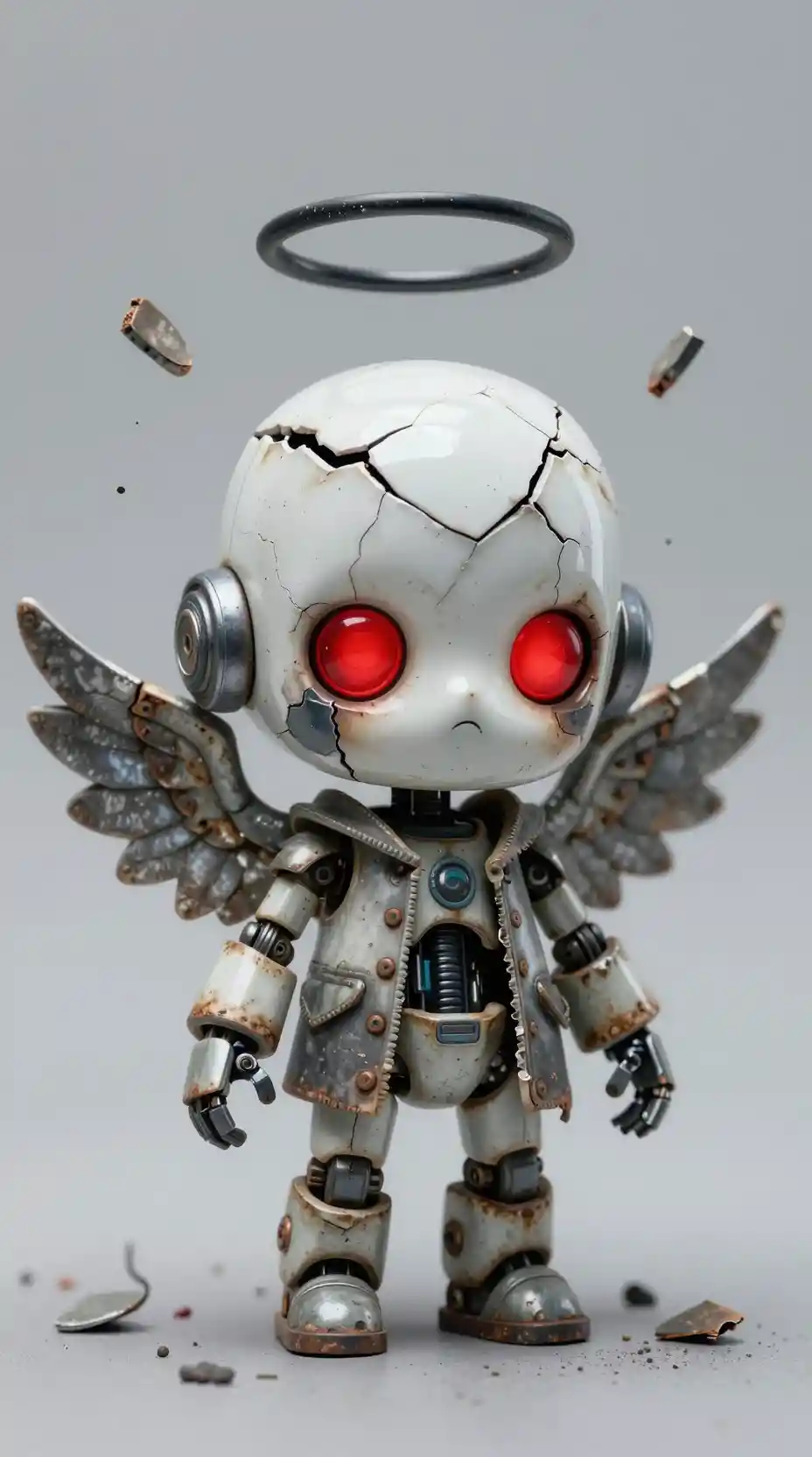 A broken chibi robot angel with glowing red eyes and metal wings