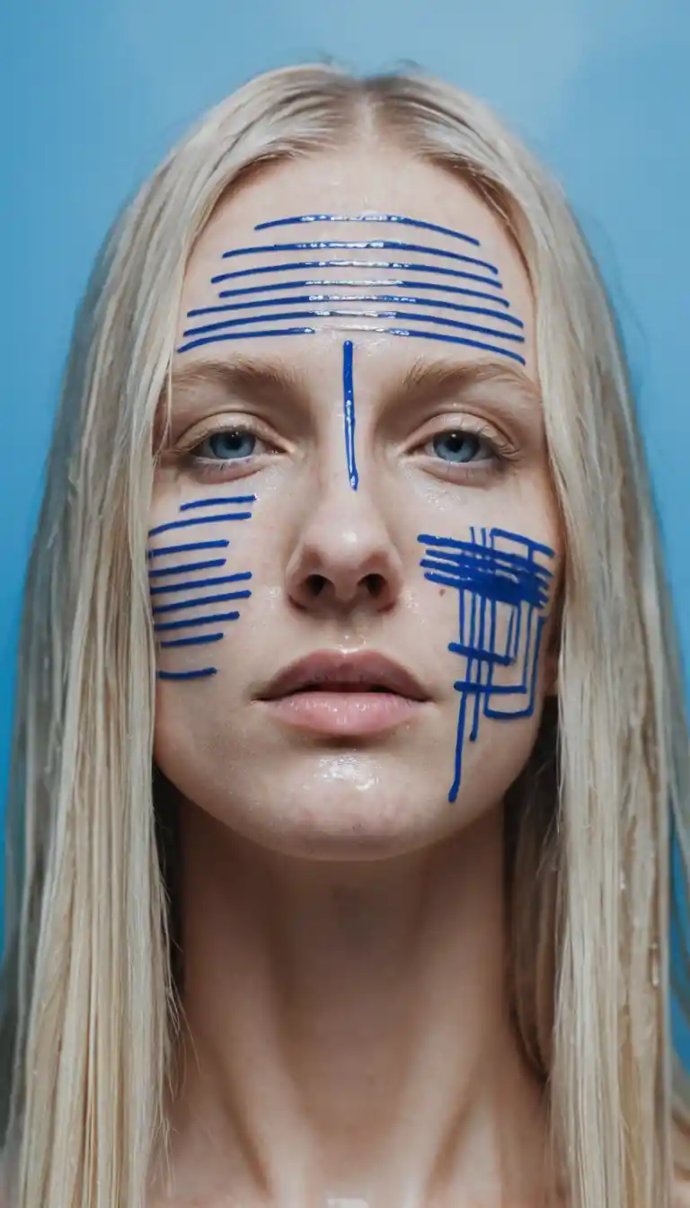 A Woman’s Face Veiled by Wet Hair and Blue Handwritten Notes