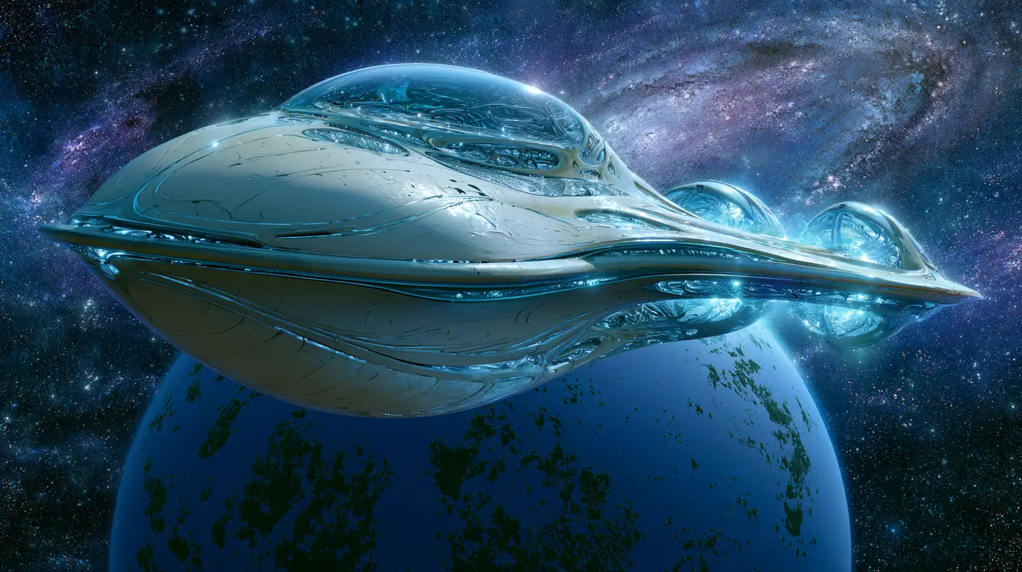 Una colossale astronave sfreccia accanto a un pianeta azzurro nello spazio profondo