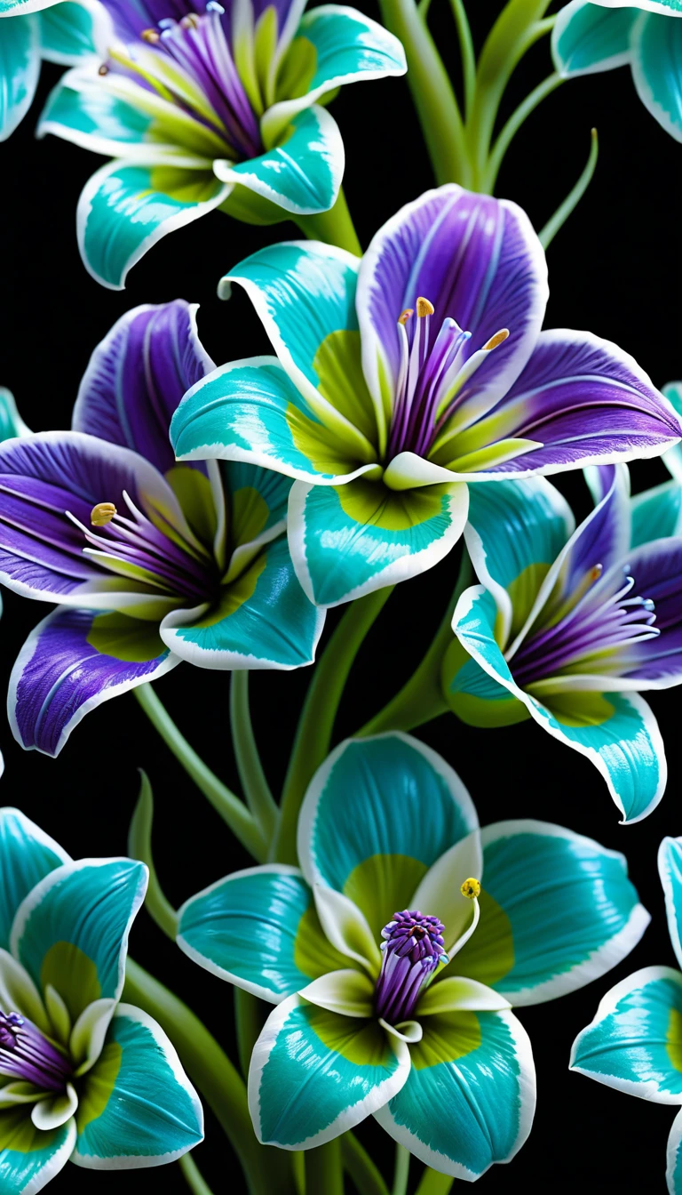 Exotic purple and turquoise flowers fill a soft green botanical frame