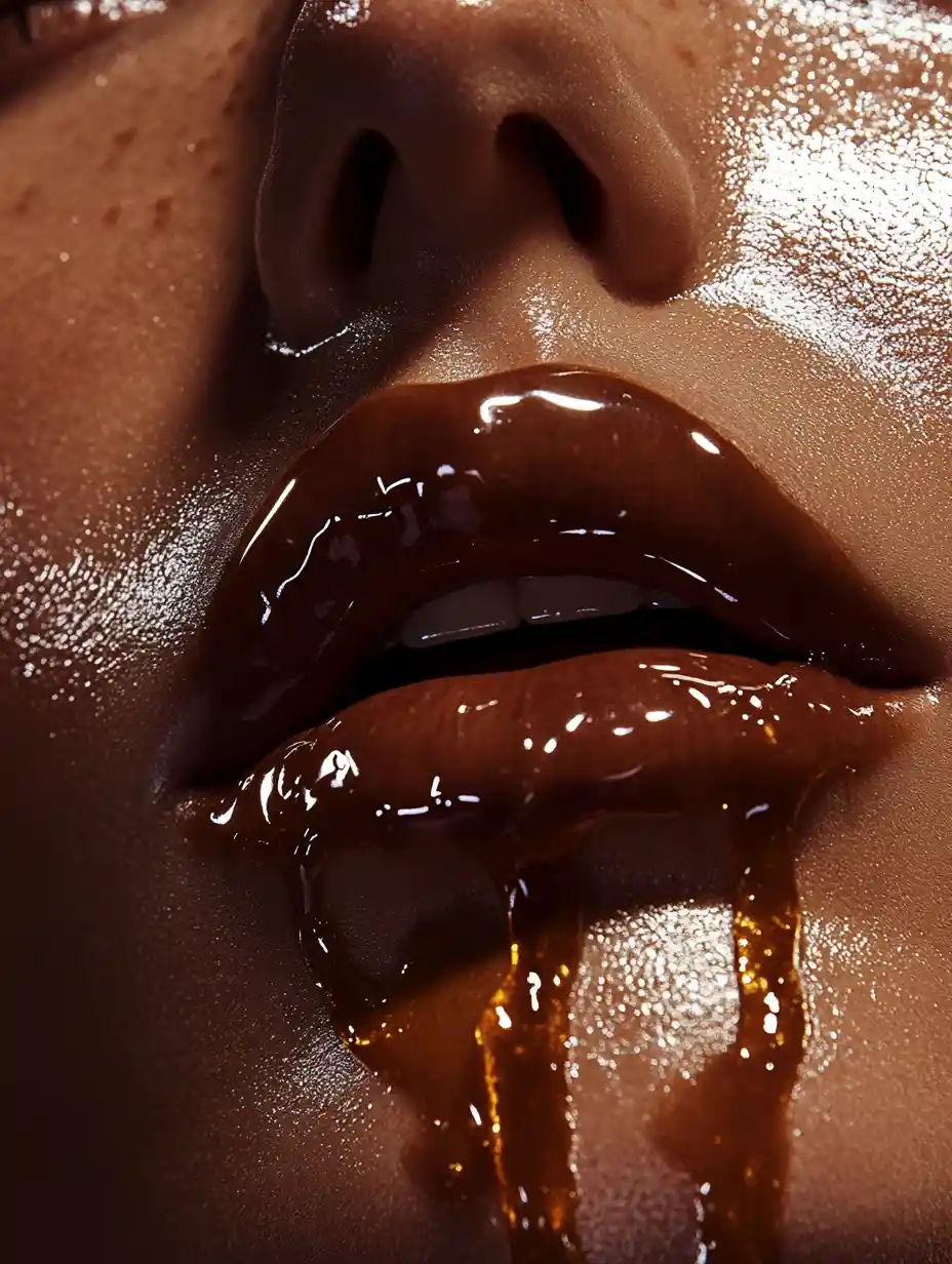 Il volto di una donna incorniciato da sciroppo lucido e zucchero caramellato