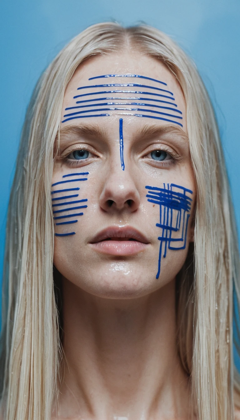 A Woman’s Face Veiled by Wet Hair and Blue Handwritten Notes