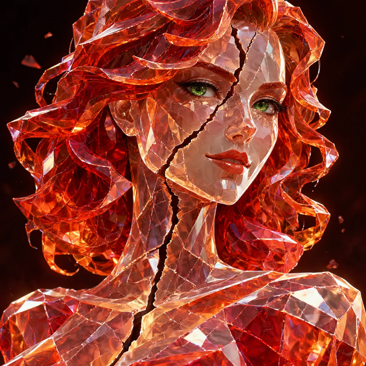 A young woman made of crystals gives an enigmatic smile