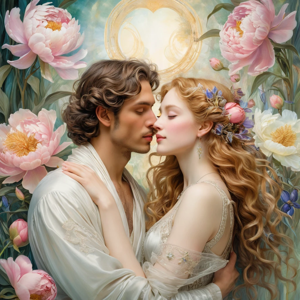Peonies and irises in a luminous vision of pure bliss
