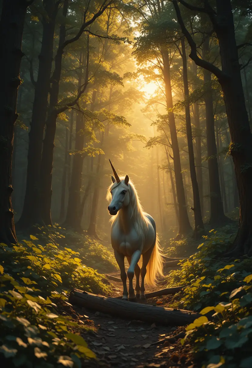 A unicorn trots through an enchanted forest at golden hour